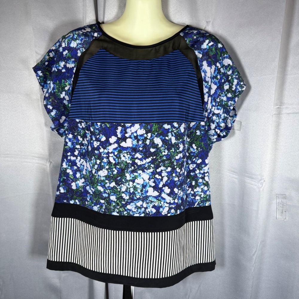Diane von Furstenberg Floral Stripe Colorblock Silk Top Size 4 Blue Mixed Print